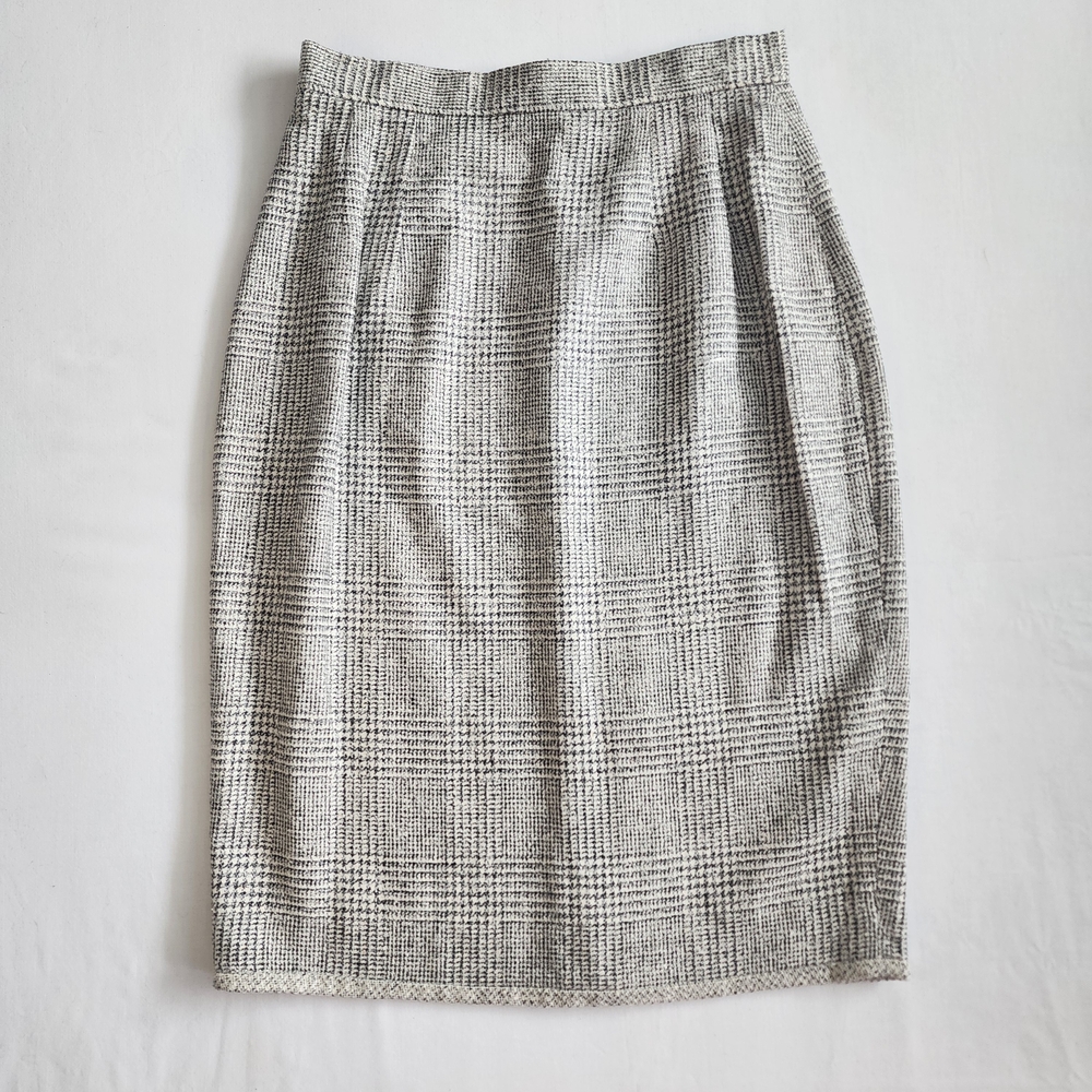 100% Silk Pencil Skirt Herringbone Checkered Womens Size 4 Black White Grey